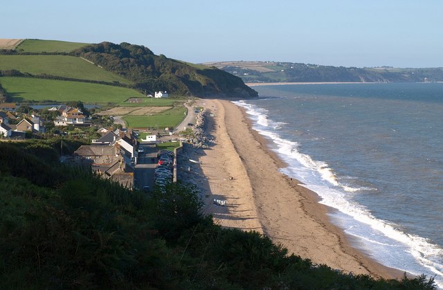 The village and shingle beach at Beesands, on Start Bay