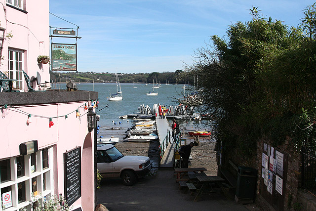 The waterside by the Ferry Boat Inn at Dittisham on the River Dart, where the bell summons the Greenway ferry