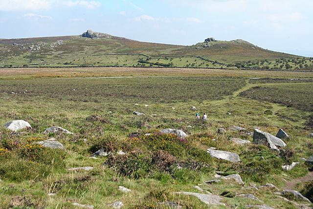Open moorland at Widecombe in the Moor, looking towards Haytor Rocks and Saddle Tor on Dartmoor