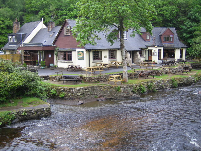 The Fingle Bridge Inn beside the River Teign at Fingle Bridge, Drewsteignton