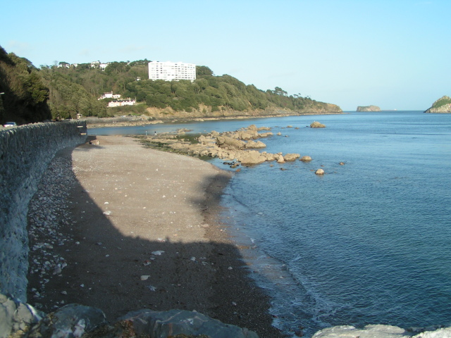 Meadfoot Beach at Torquay, the shingle-and-sand beach below Wellswood, with the sea beyond