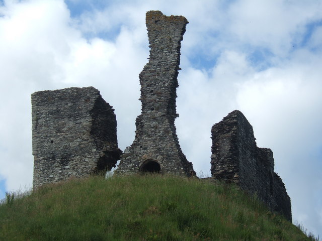 The ruined keep of Okehampton Castle on its motte