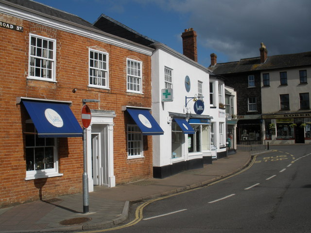 Broad Street in the centre of Ottery St Mary, Devon, lined with shops and cottages